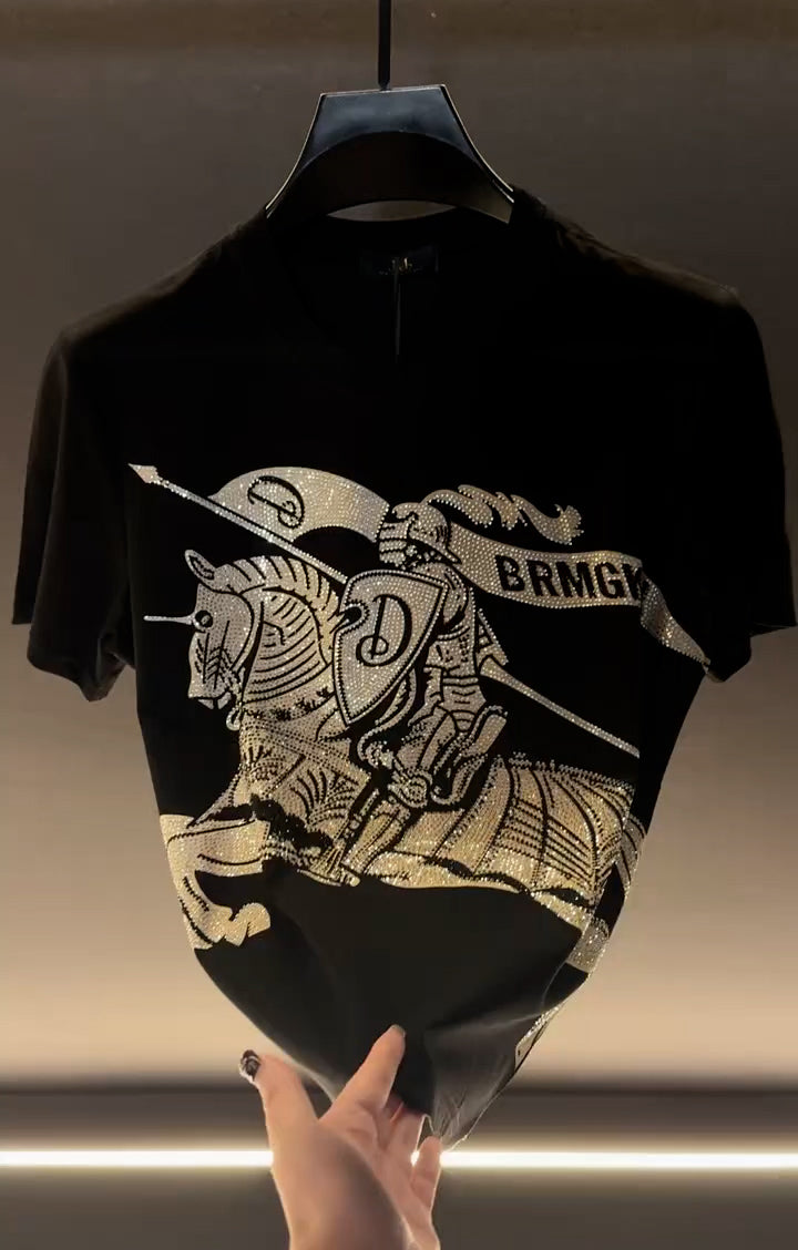 Rhinestone Knight Horse Print Men’s Short Sleeve T-Shirt
