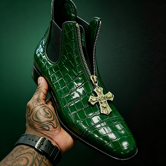 Green crocodile cross pendant Chelsea boots