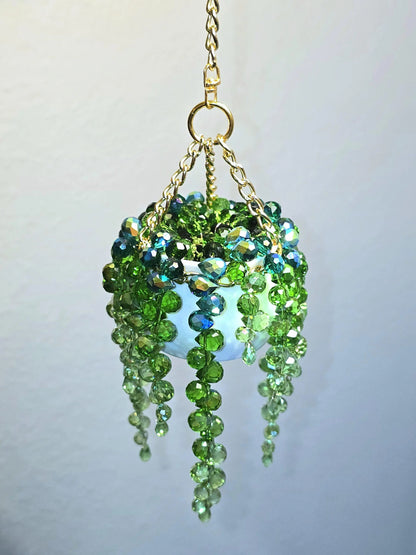 Mini White Pot Beaded Plant Suncatcher with Gold Chain Hanger - Longer Strands