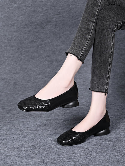 Women's thick heel woven leather shoes