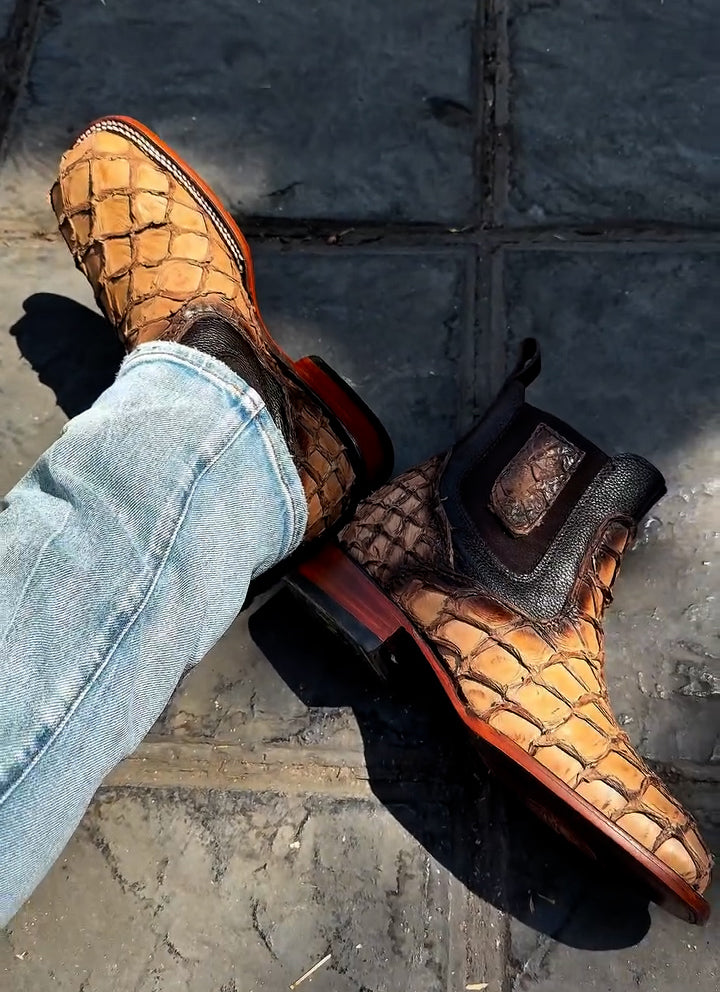 Western fish skin cowboy ankle boots