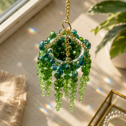 Mini White Pot Beaded Plant Suncatcher with Gold Chain Hanger - Longer Strands