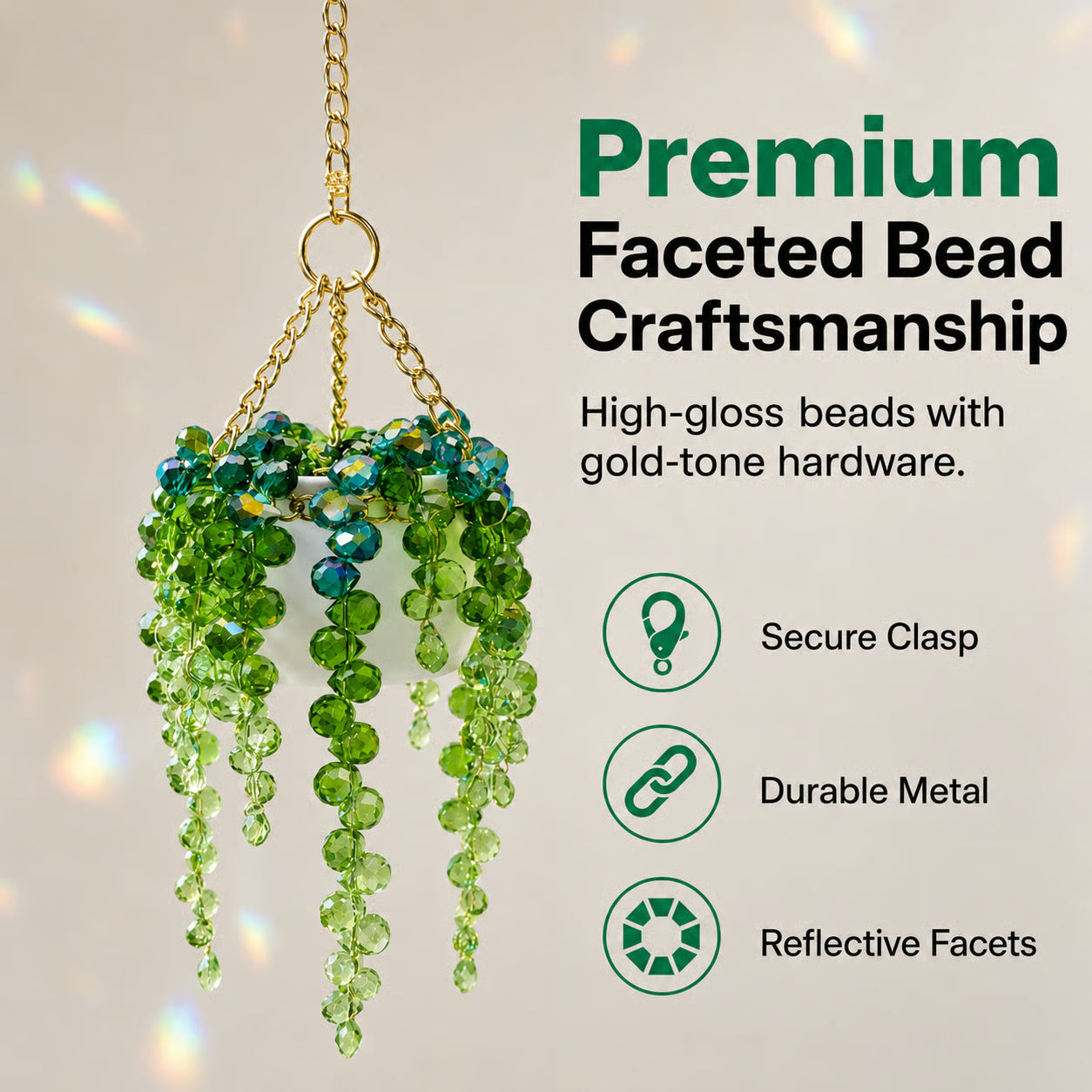 Mini White Pot Beaded Plant Suncatcher with Gold Chain Hanger - Longer Strands