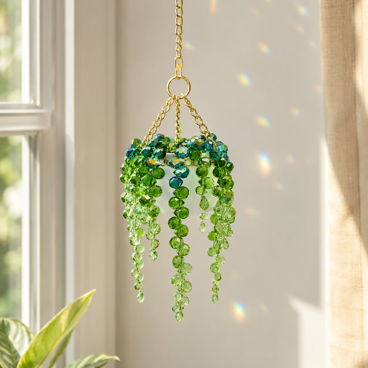 Mini White Pot Beaded Plant Suncatcher with Gold Chain Hanger - Longer Strands