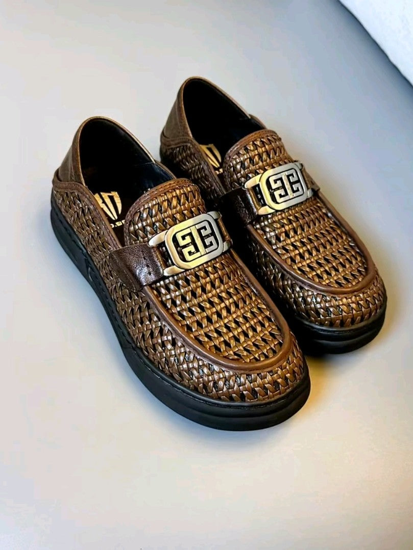 Men's pure leather woven casual shoes