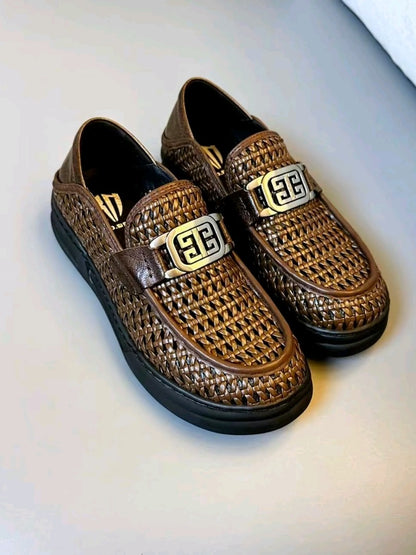Men's pure leather woven casual shoes