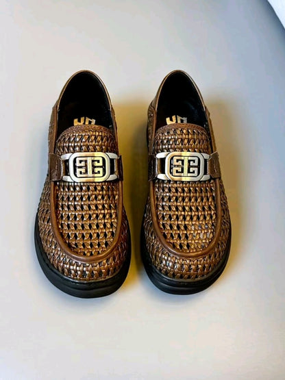 Men's pure leather woven casual shoes