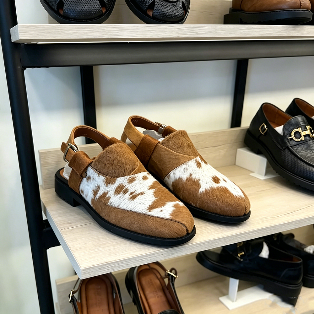 Men's Cow Print Hair-On Leather Slingback Sandals