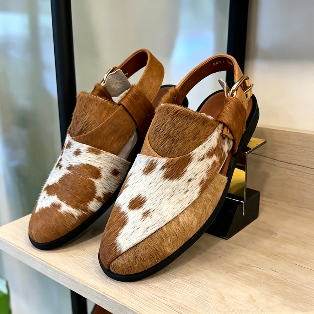 Men's Cow Print Hair-On Leather Slingback Sandals