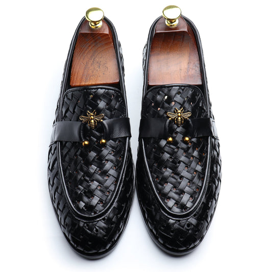 Handmade Woven Black Leather Loafers