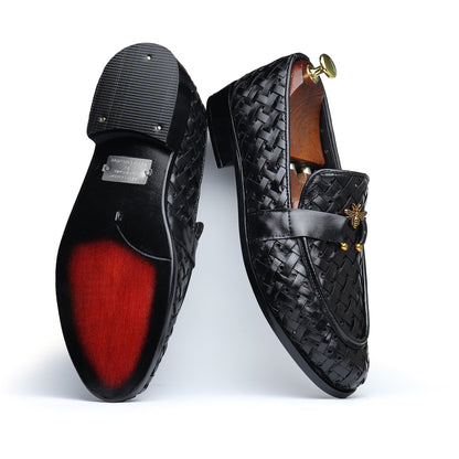 Handmade Woven Black Leather Loafers