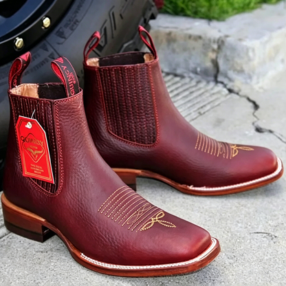 Men's brown-red square-toe ankle boots