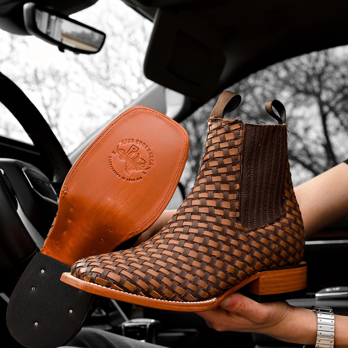 Brown hand-woven square-toe cowboy boots