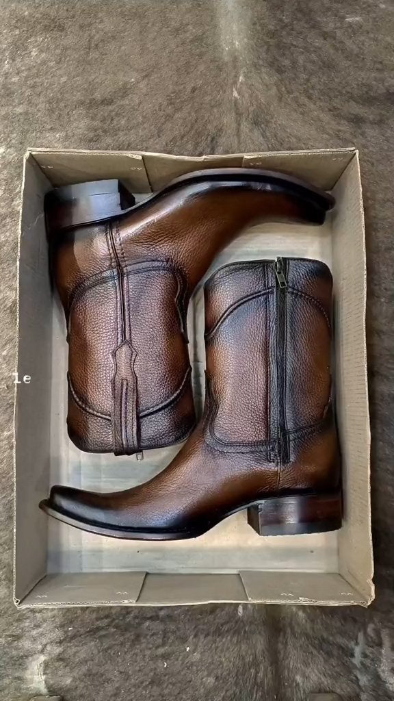 Vintage Dark Leather Zipper Cowboy Mid Calf Boots