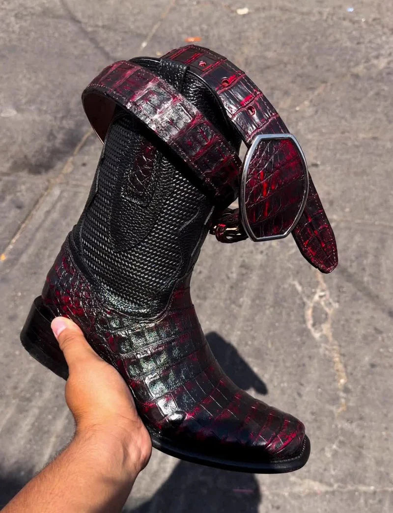 Crocodile-patterned leather Western cowboy boots