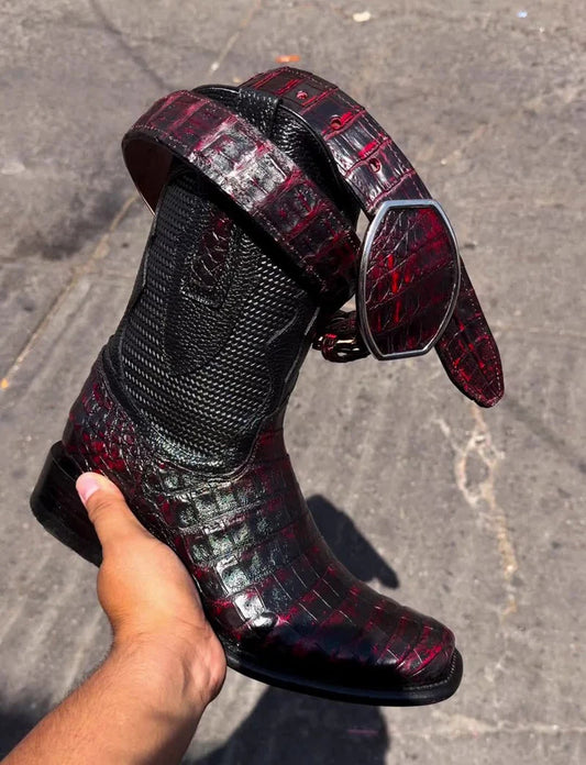 Crocodile-patterned leather Western cowboy boots