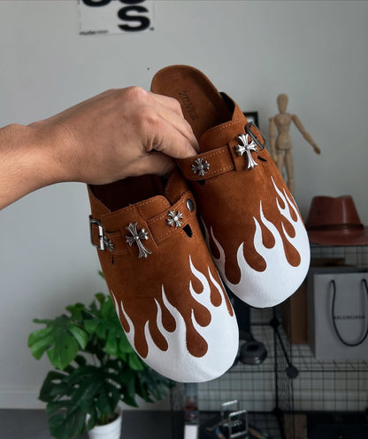 Flame Pattern Cross Charm Suede Clog Mule