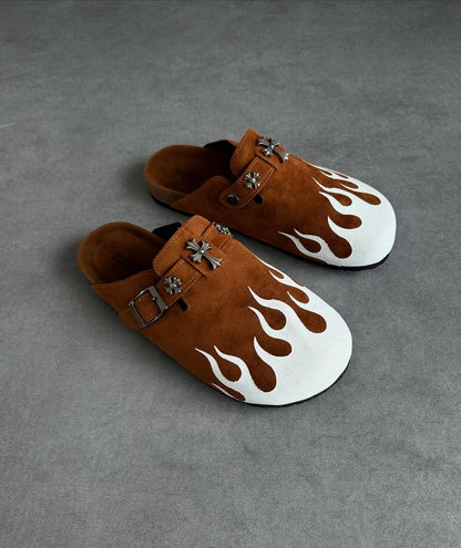 Flame Pattern Cross Charm Suede Clog Mule