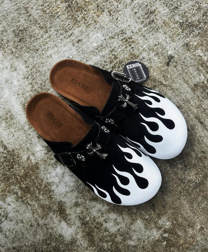 Flame Pattern Cross Charm Suede Clog Mule