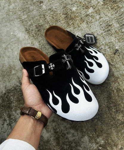 Flame Pattern Cross Charm Suede Clog Mule