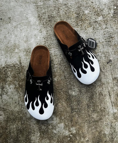 Flame Pattern Cross Charm Suede Clog Mule