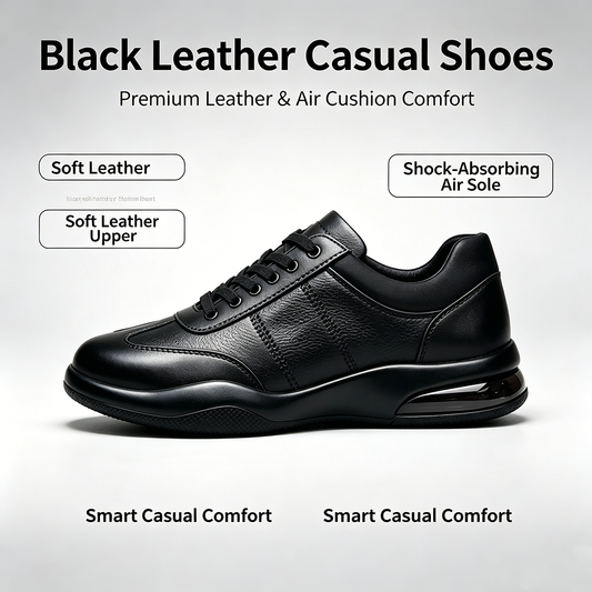 Men's full-grain black leather cushioned casual Oxford shoes