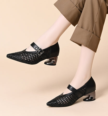 Woven openwork chunky heel sandals