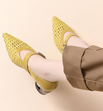 Woven openwork chunky heel sandals