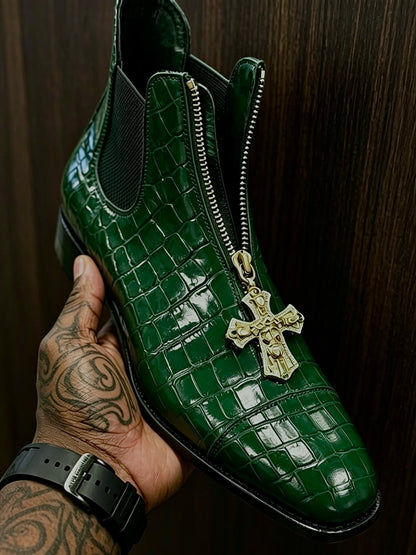 Green crocodile cross pendant Chelsea boots