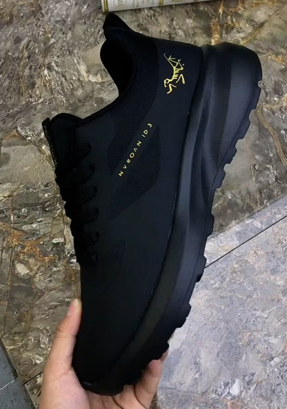 Men's Black Mesh Gold Print Casual Sneakers