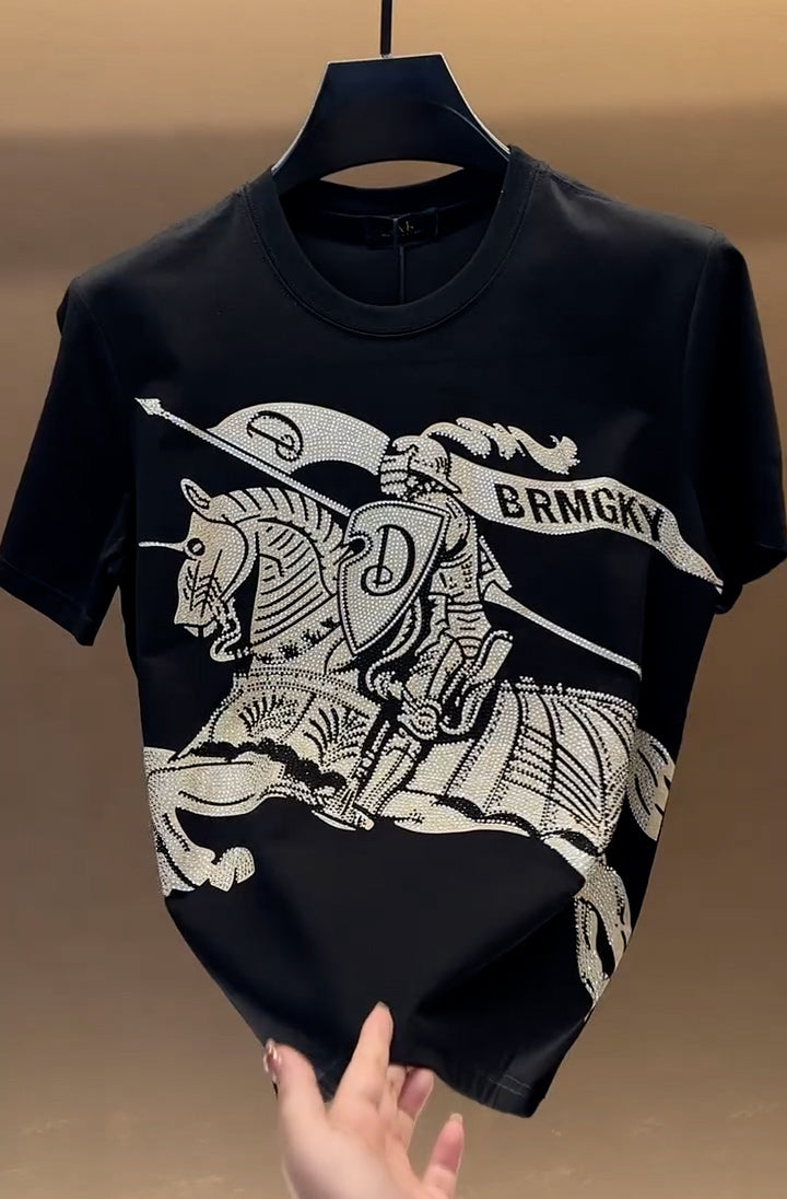 Rhinestone Knight Horse Print Men’s Short Sleeve T-Shirt