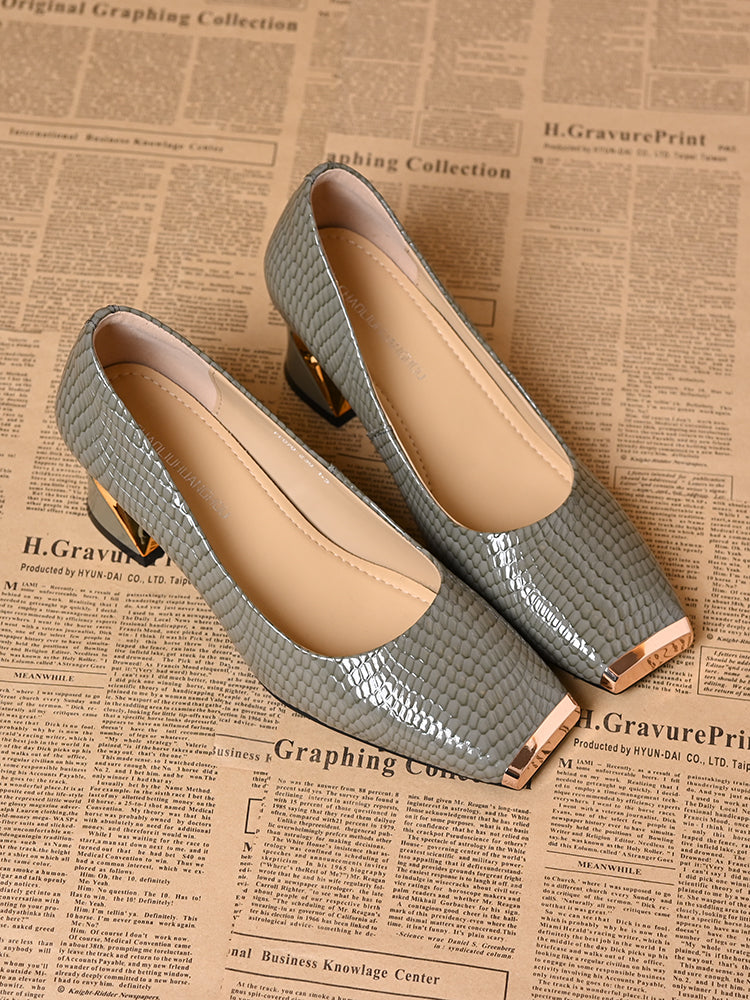 Women's leather metal square toe thick heels