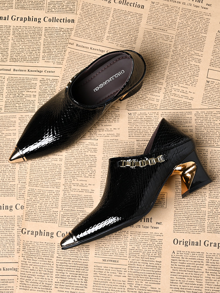 Women's genuine leather pointed toe thick heels