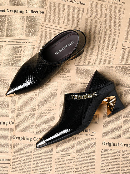 Women's genuine leather pointed toe thick heels