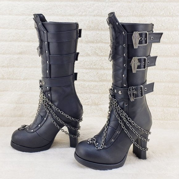 Encrypted Gothic style coffin skull pendant chain calf boots
