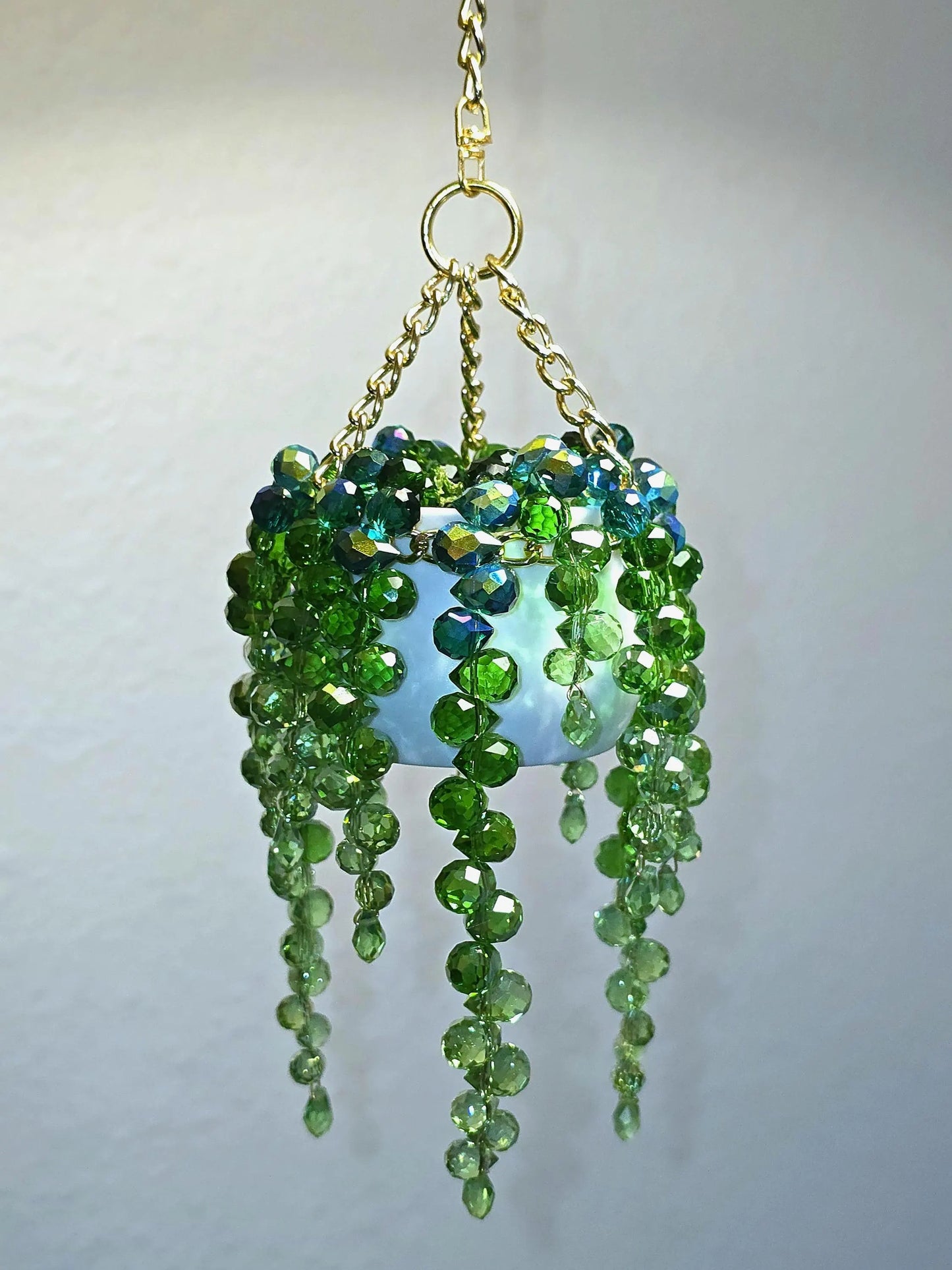 Mini White Pot Beaded Plant Suncatcher with Gold Chain Hanger - Longer Strands