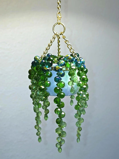Mini White Pot Beaded Plant Suncatcher with Gold Chain Hanger - Longer Strands